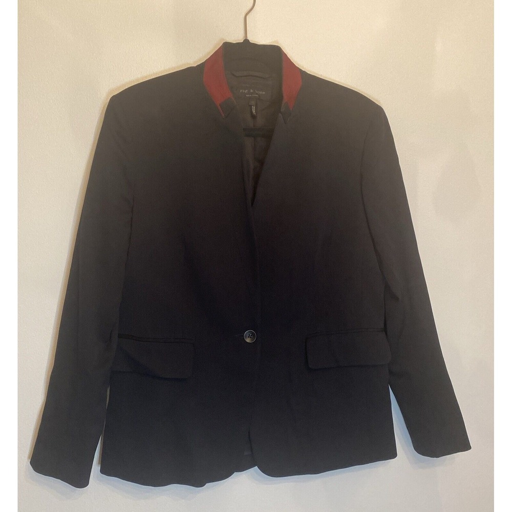 RAG & BONE WOOL SILK Black Maroon Red Inverted Upcollar Blazer Jacket Sz‎ 10